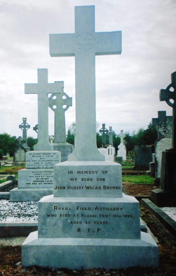 The inscription on the gravestone reads: In Memory of my Dear Son John Hubert Wogan Browne, Royal Field Artillery, Who Died at Kildare, Feb 10th 1920, Aged 25 Years. R.I.P.