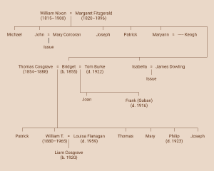 Family tree of the Nixon's of Landenstown. Bridget's father was William Nixon and her mother was Margaret Fitzgerald. She had six children with her first husband Thomas Cosgrave, and two children with her second husband Tom Burke.