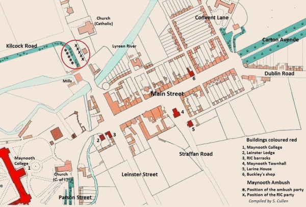 The map shows the main street of Maynooth, with Maynooth College, nearby is the Church of Ireland with Leinster Lodge nearby and the RIC barracks nextdoor. Maynooth Townhall is in a square off the main street.
